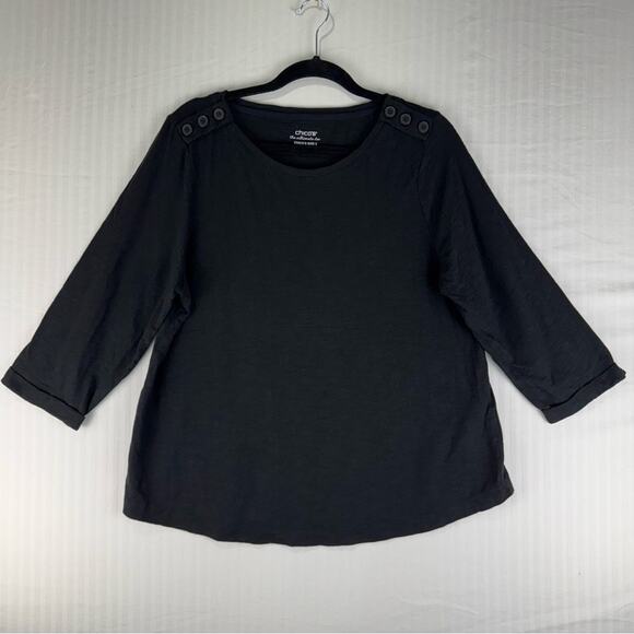 Chico’s Black The Ultimate Tee 3/4 Sleeve Button Shoulder Detail Size 2 US Large - Picture 3 of 7